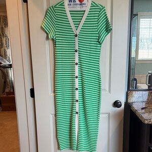 Green & White Striped Faux Button-Front Knit Dress
